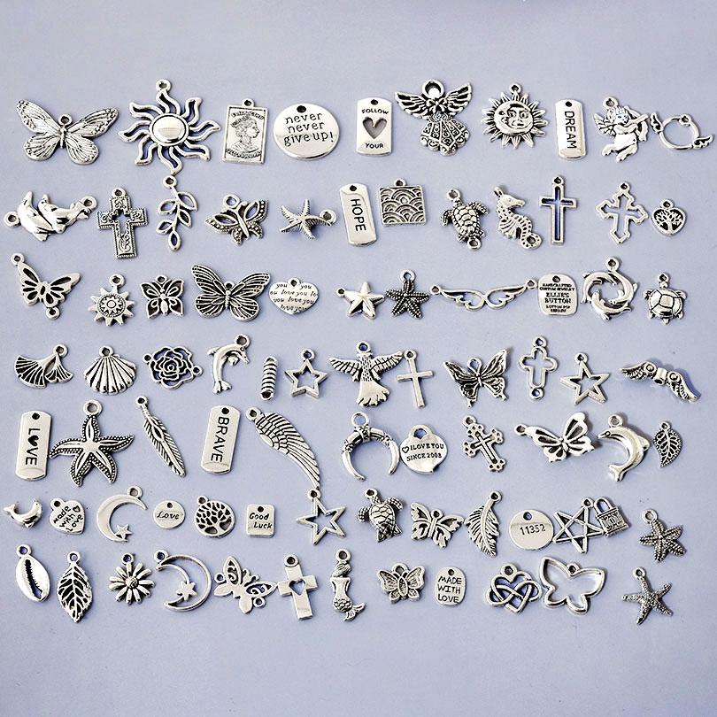 Random Mix 10/20/30/50/100pcs Alloy Metal Charm Sun Moon Star Butterfly Cross Sea Animal Pendants For Jewelry Making Accessories