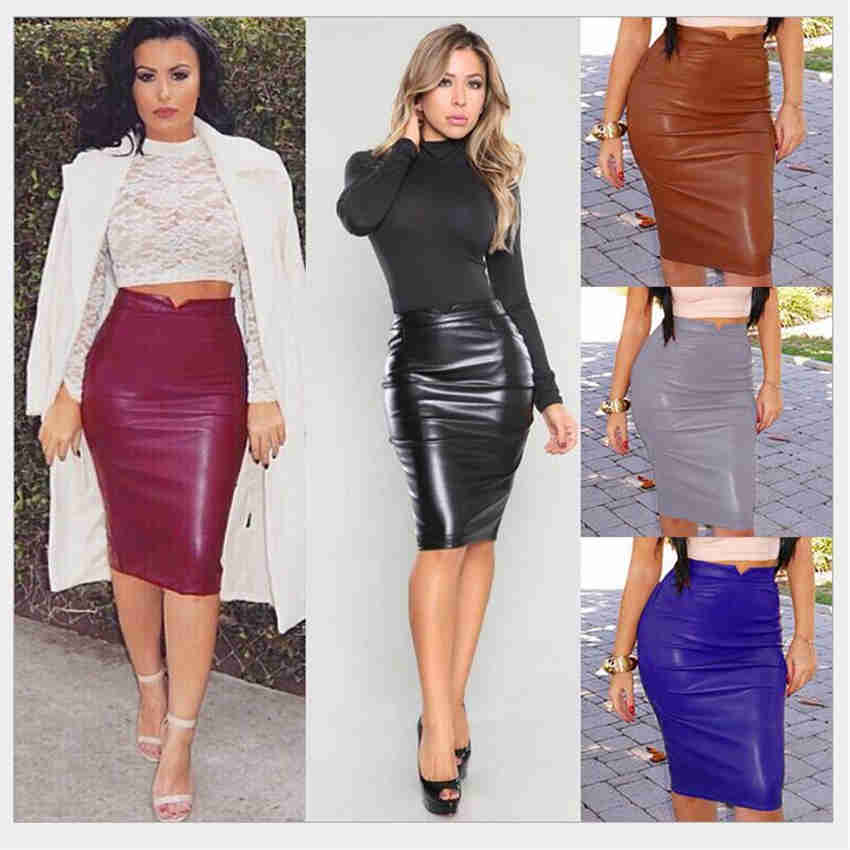 Autumn Winter Females Skirt Sexy Package Hip High Waist Faux Leather Party Office Midi Skirts