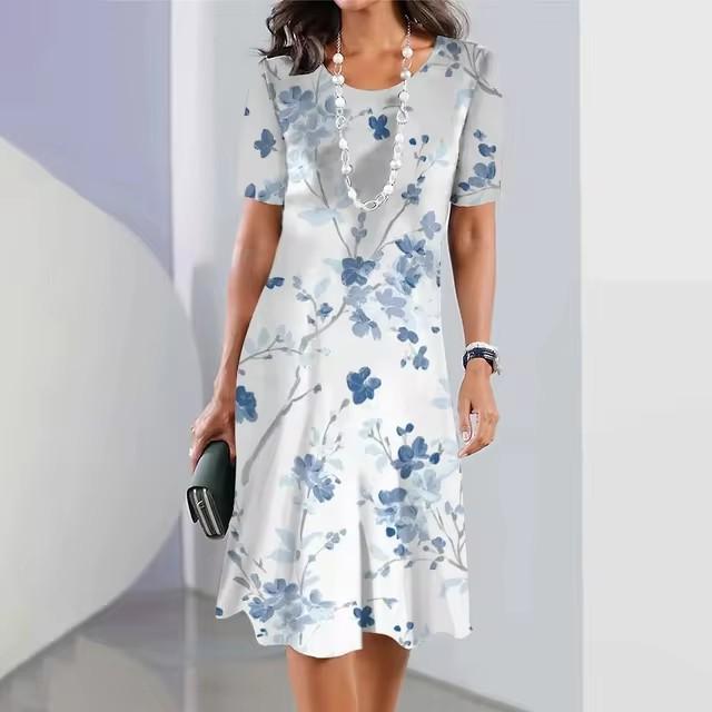 Elegant Women Short Sleeve Fashion 3d Print Midi Dress Plus Size Beach Clothing
