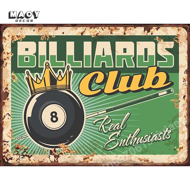 Retro Billiards Club Tin Sign Cafe Bar Beer Pub Snacks Wall Art Decoration Man Cave Vintage Metal Tin Signs Paintings Plates