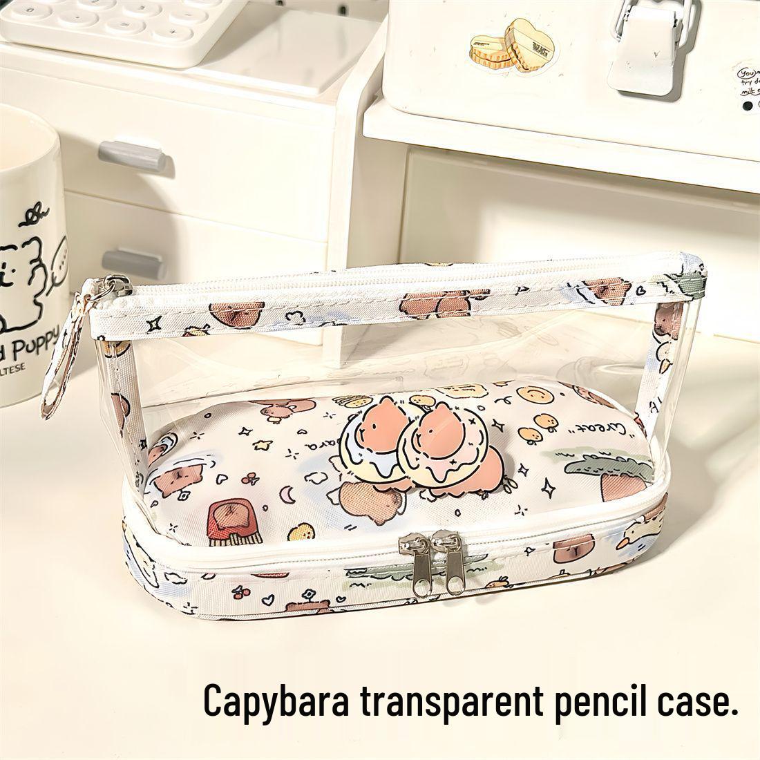 

Прозрачный пенал с капибарой: Портативный органайзер для стола большой вместимости