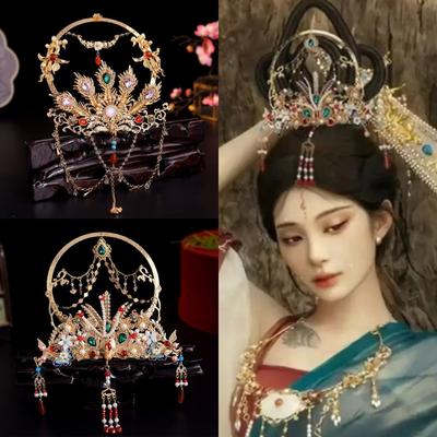 Coloured Glaze Chinese Hanfu Hair Crown Headpiece Tassel Pearl Crown Crystal Hair Holder  Party