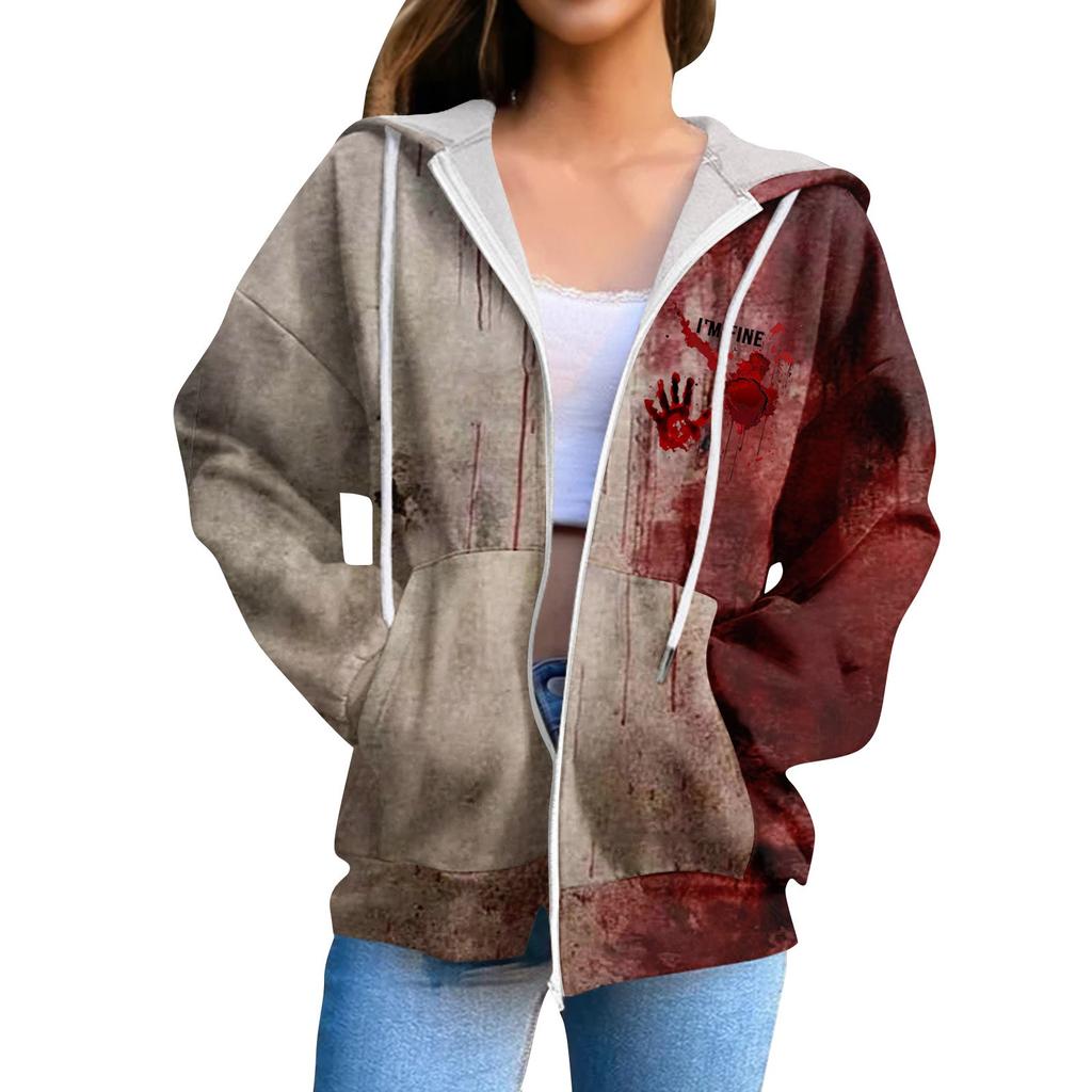 Damen Casual Mode Langarm Reißverschluss Bedruckt Kordelzug Kapuzenpullover