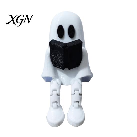 Desktop Ghost Figurine Reading with Articulated Legs, 3D Printed Sitting PLA Ornament Statue, White Desk for Halloween Decoration Miniature Decor