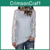 Lace Grey Trim Crew Neck Fitted Tshirt Blended Fabric Hoodie Women Long Sleeve