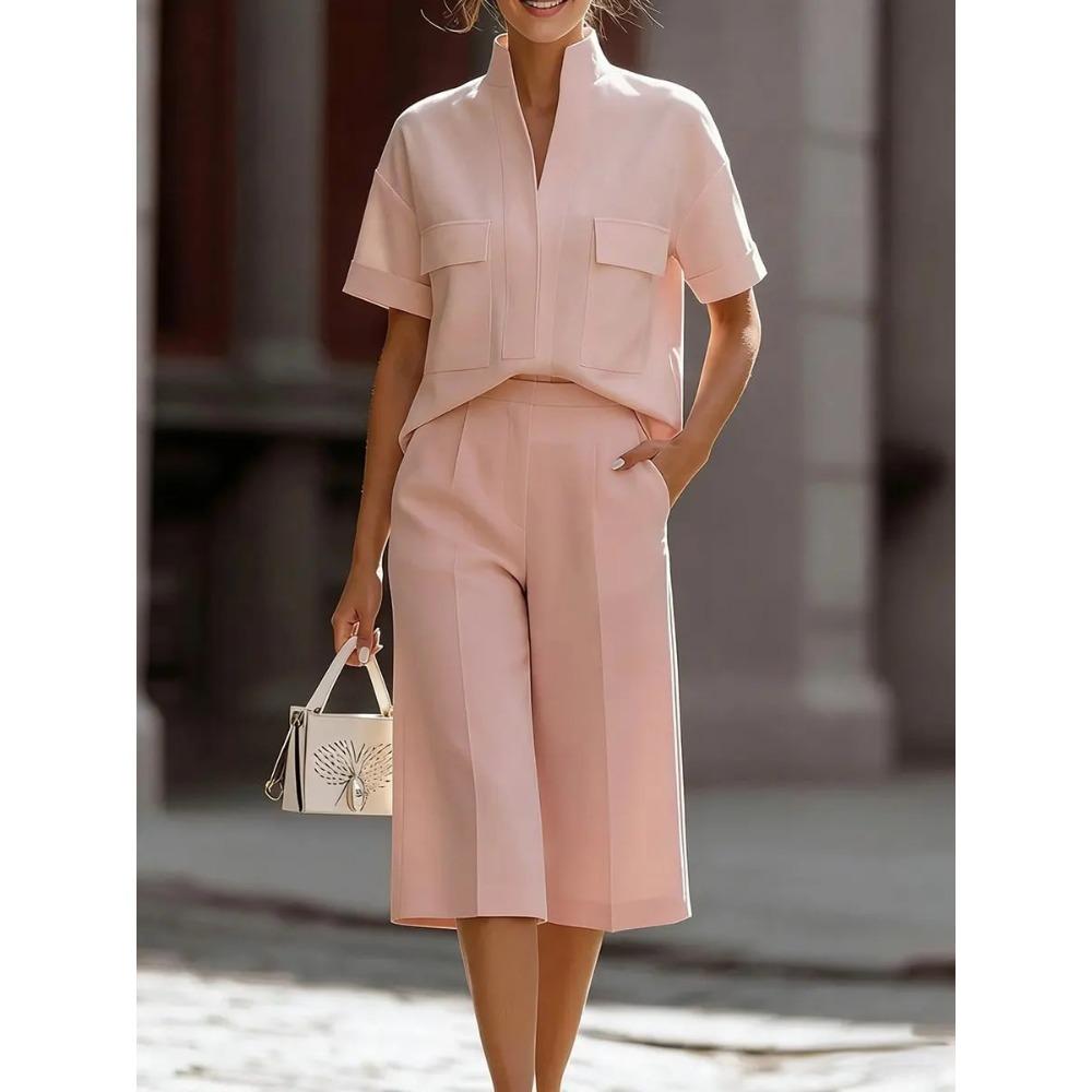 Women's Loose Fit Two-piece Outfit Set Short Sleeve Stand Collar Shirt High Waist Culotte Coordinates