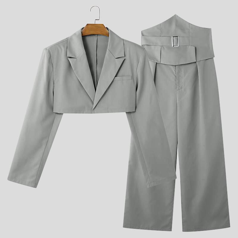 INCERUN Two Pieces Outfits Men Long Sleeve Short Coat High Waist Long Straight Pants Sets