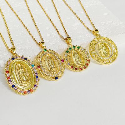 Virgin Mary Gold-Plated Brass Pendant Necklace, Religious Jewelry with Color-Preserving Titanium Steel Chain