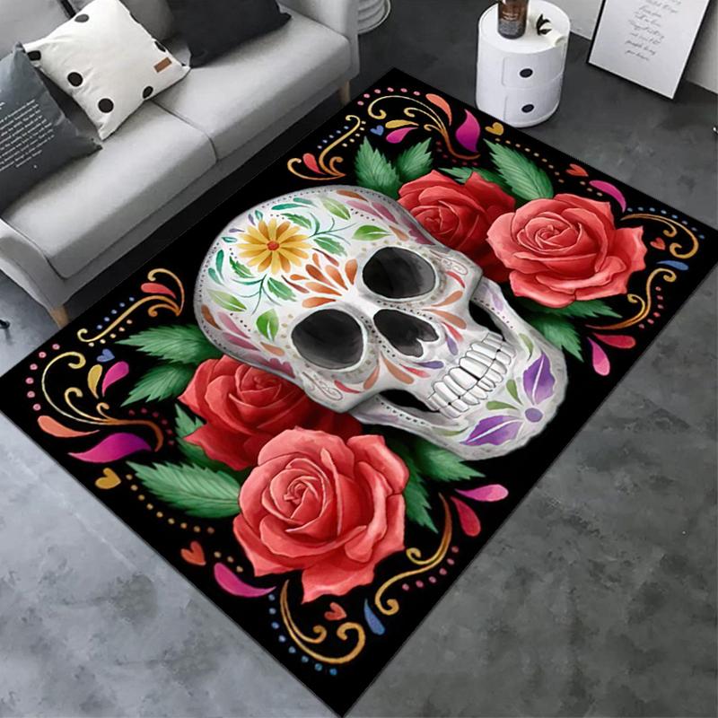 1PC Skull Dark Gothic Pattern Printed Carpet Rug for Living Room Bedroom Home Sofa Decoration,Non-slip Floor Mat Floor Mat