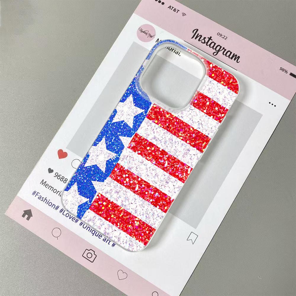 American Flag Phone Case for iPhone 17 16 15 14 Plus 13 12 11 Pro Max Glitter Studded Patriotic USA Flag Design Shockproof Cover
