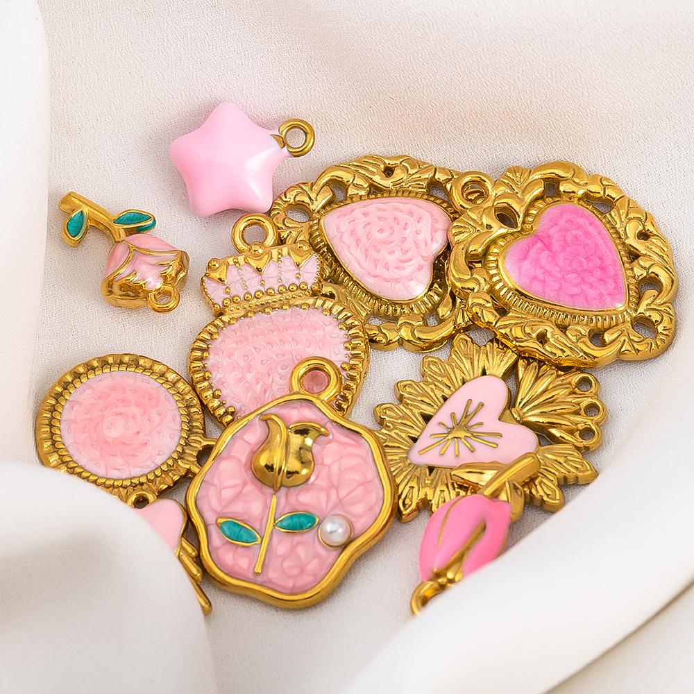 2pcs Stainless Steel Charms Retro Pink Enamel Rose Flower Heart Necklace Charm for DIY Earring Jewelry Making Pendant Supplies