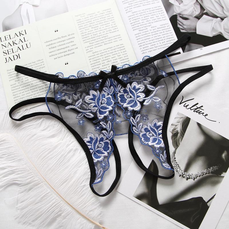 Sexy lingerie women's sexy open crotch thong embroidered seduction perspective panties women's low waist