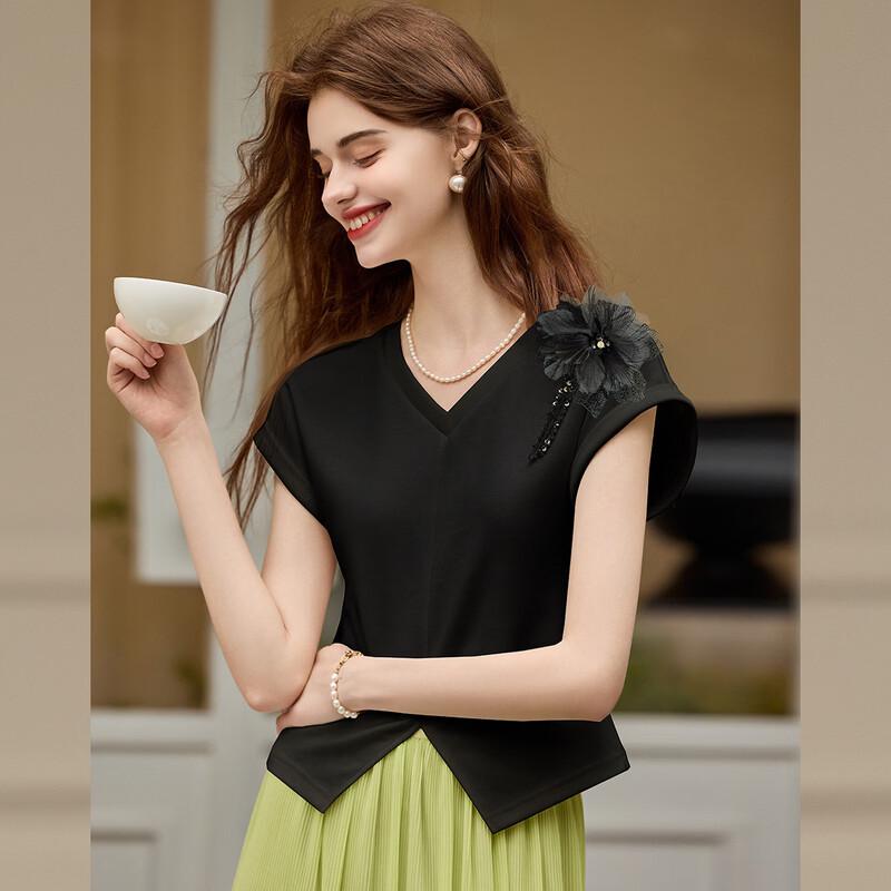 Women s V-Neck Slim-Fit 3D Floral Sleeve T-Shirt XL