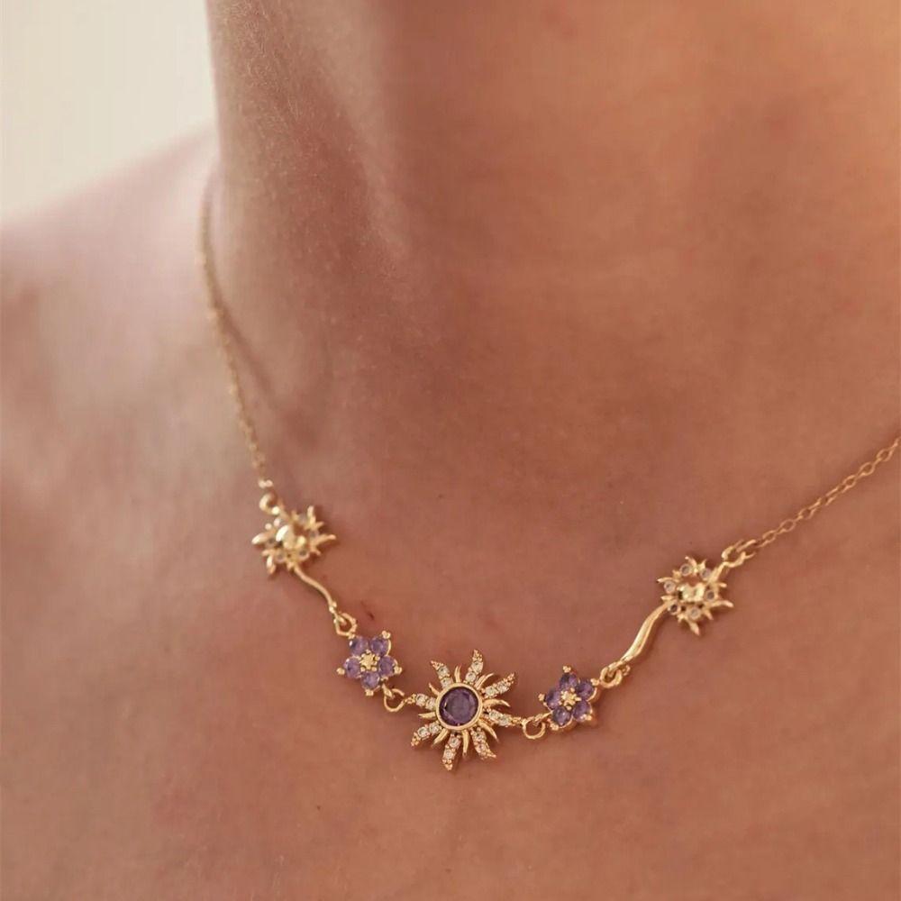 Zinc Zinc Zinc Alloy Sun Flower Chain Neck Jewelry Rhinestone Necklace Women Retro Star Necklace  Gifts