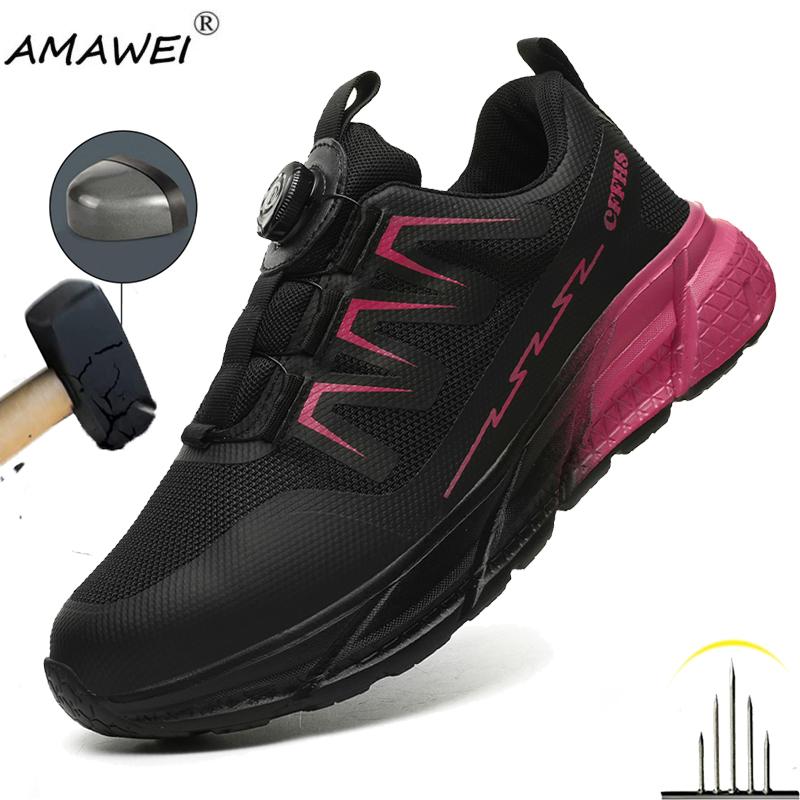 Fashion Women Rotary Buckle Work Sneakers Protective Shoes Safety Industrial Puncture-proof Anti-smash Steel Toe Shoes