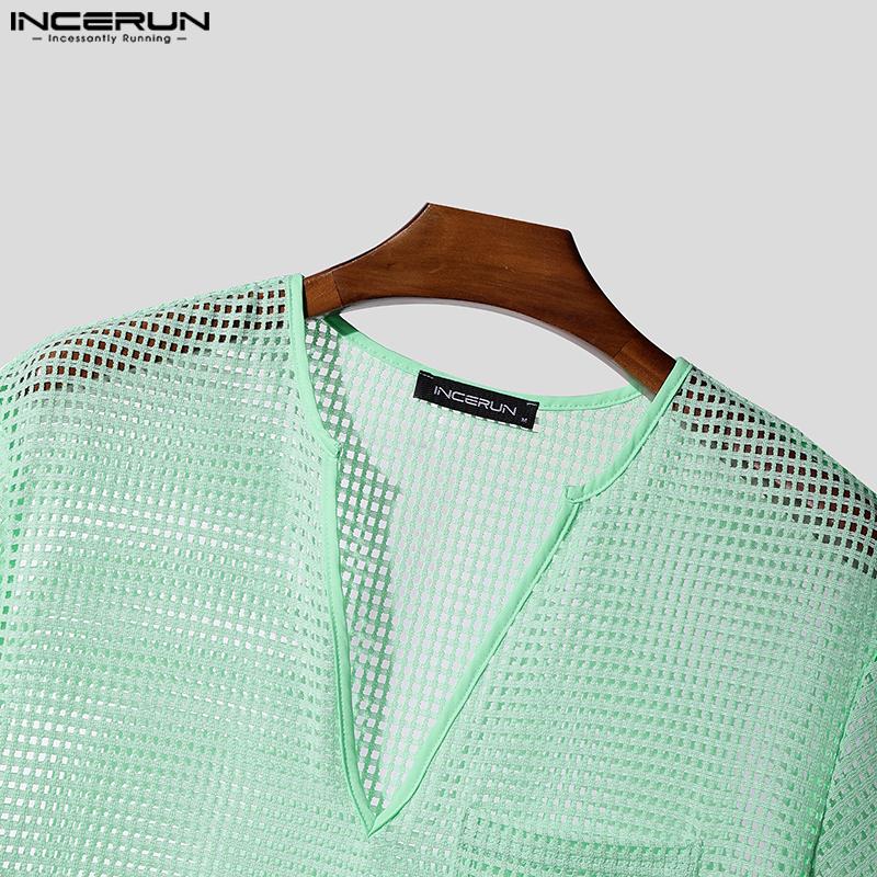 INCERUN Męskie Koszulki z Krótkim Rękawem z Siateczki Przezroczyste Puste Plażowe Top