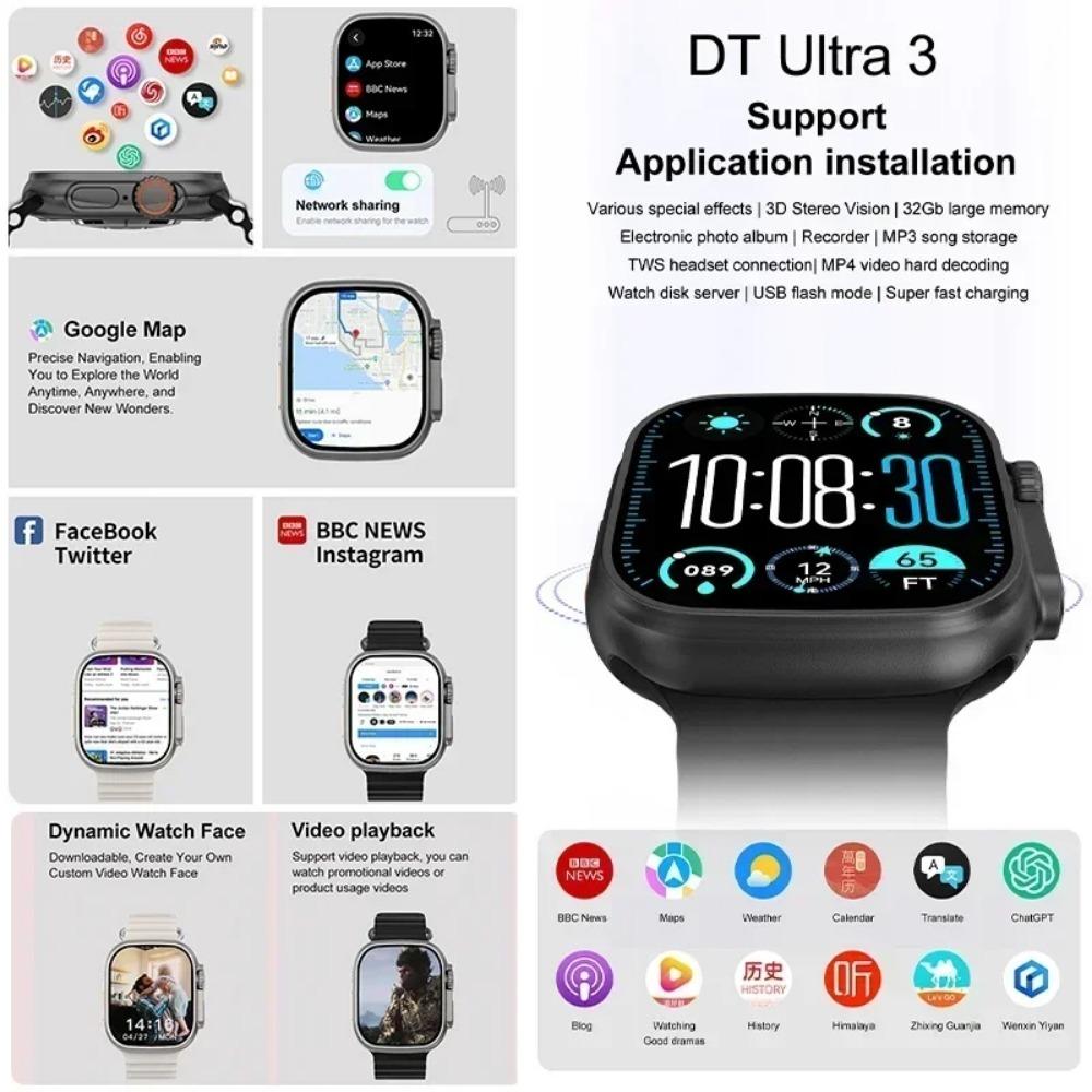 2025New DT Ultra 3 Pro Google Map NFC SmartWatch 32G Memory Music Video NFC Bluetooth Call Waterproof SmartWatch