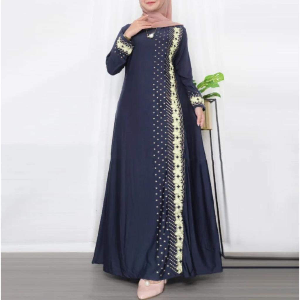 Rochie Maxi de Damă cu Gât Rotund și Mânecă Lungă, Talie Largă, Broderie cu Dantelă, Rochie Abaya Kaftan Modestă