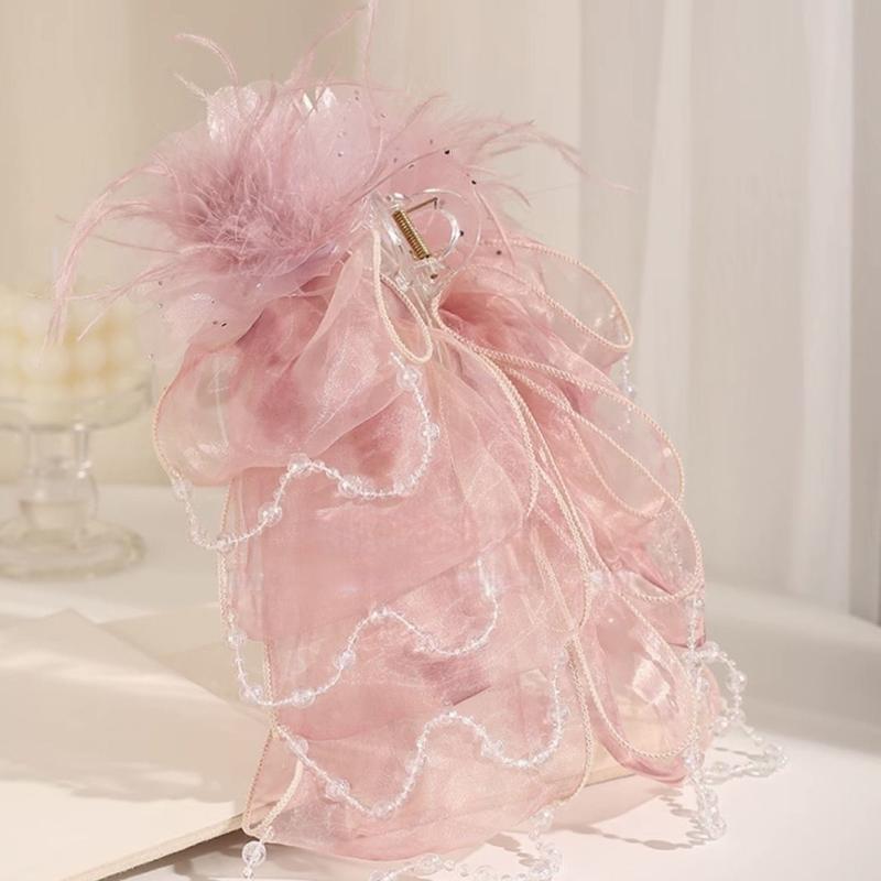 Feather Flower Tassel Grasping Clip Exquisite Party Bow Hair Claws Women Shark Clip Headwear Hair Accessories розовый
