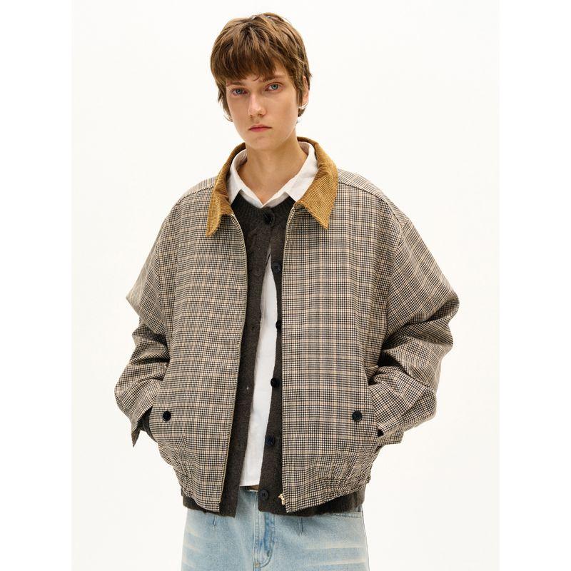 Madwitch Corduroy Lapel Plaid Jacket for Men and Women Vintage Color-Blocking Patchwork Silhouette Plaid Coat Ins