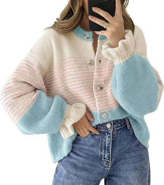 2026 European and American Color Block Striped Knit Cardigan for Women - Loose, Lazy Style Sweater Coat for Autumn/Winter