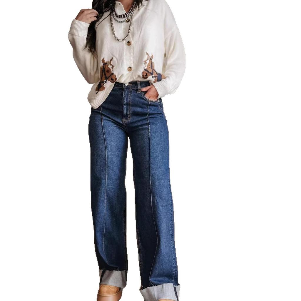 2026 Spring Women's High-Waisted Retro Wide-Leg Jeans with Center Seam Cuffs