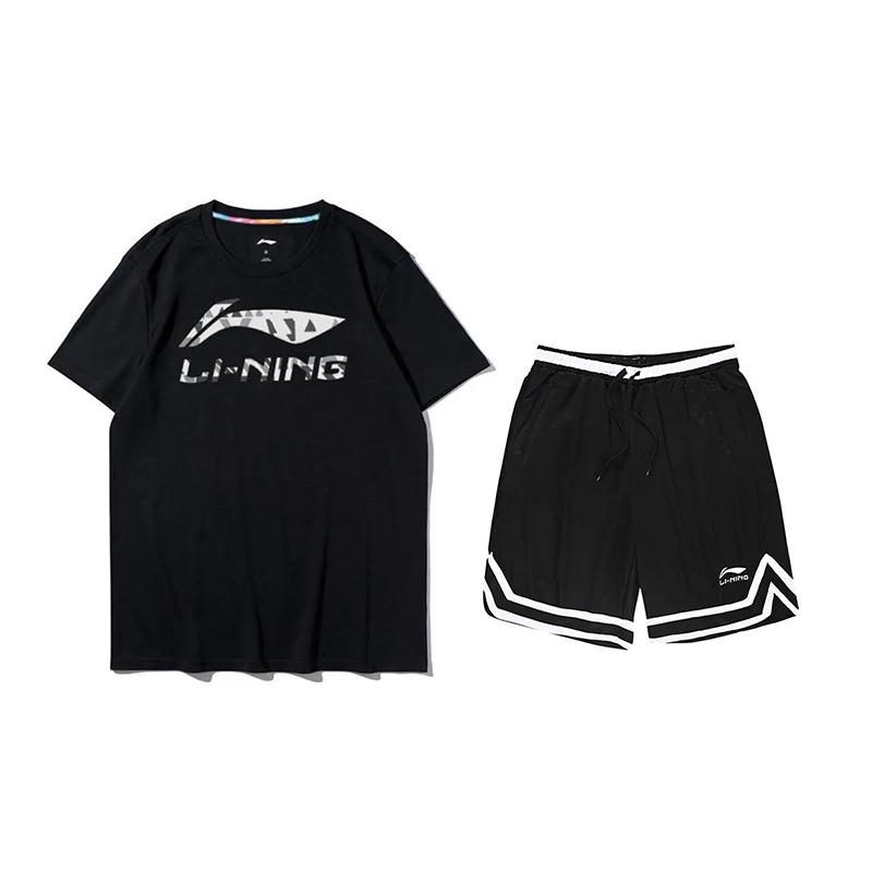 Li Ning Logo Print Letter Round Neck Short Sleeve Striped Comfortable Mid Waist Shorts Casual Sports Suit Unisex suit Black AHST791-1+YAPV001-1