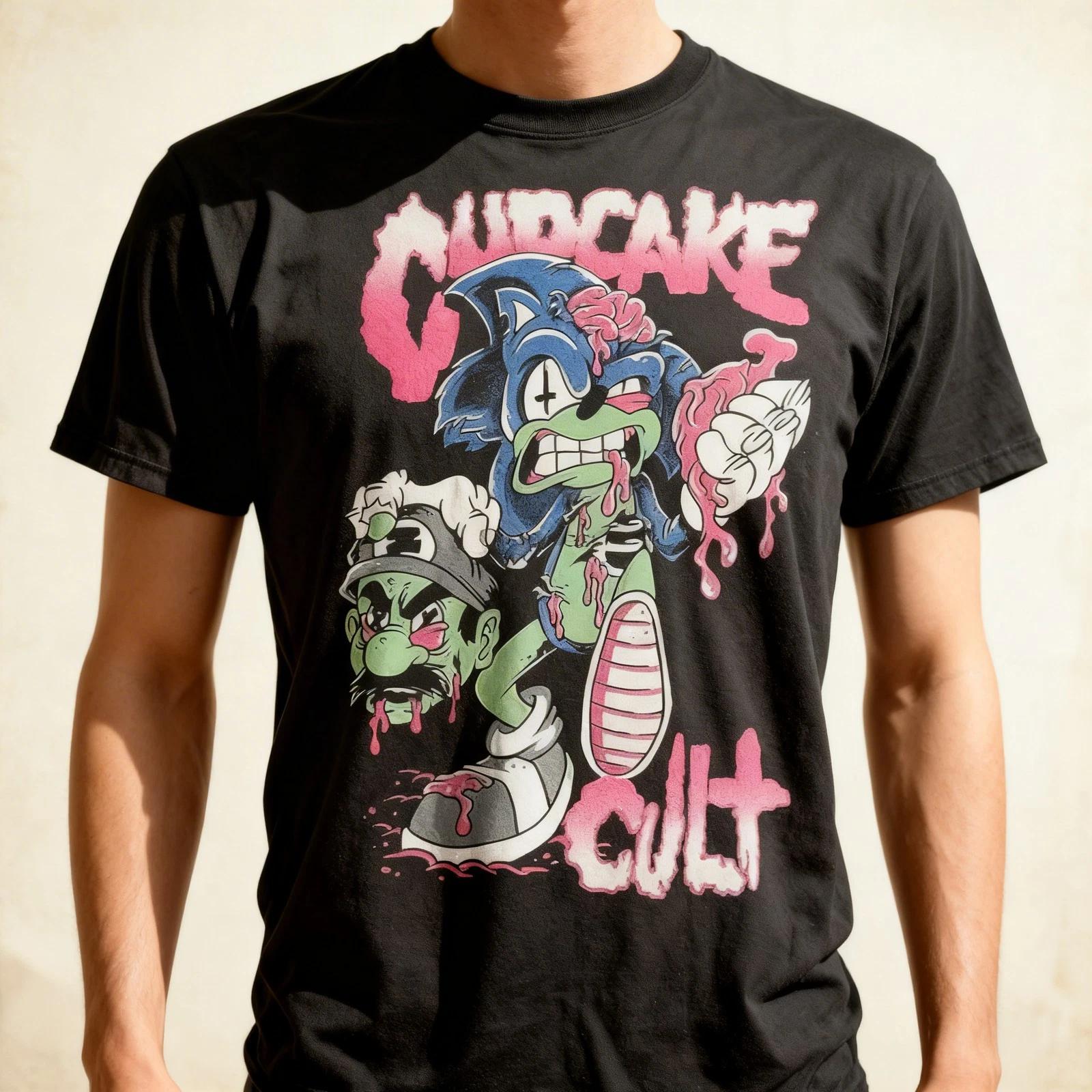 Men s Tshirt Short Sleeve Shirt Cupcake Cult Rock Tee Hiphop Shirts Black XL