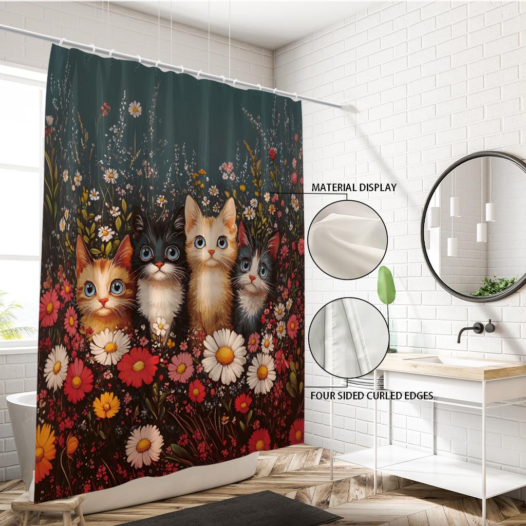 1pc Cute Kitten Print Waterproof Shower Curtain Partition Privacy Hanging Curtain with 12 Hooks Multiple Sizes Machine Washable
