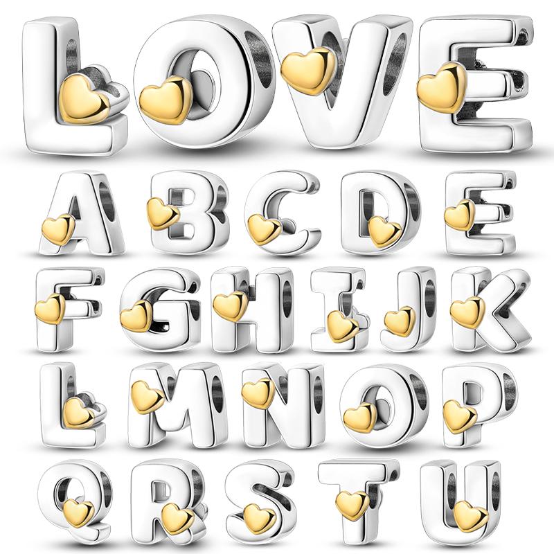 Original Copper 26 Letter A-Z Alphabet Heart Charms Beads Fit Bracelet Accessories Diy Charm Jewelry For Women Gift