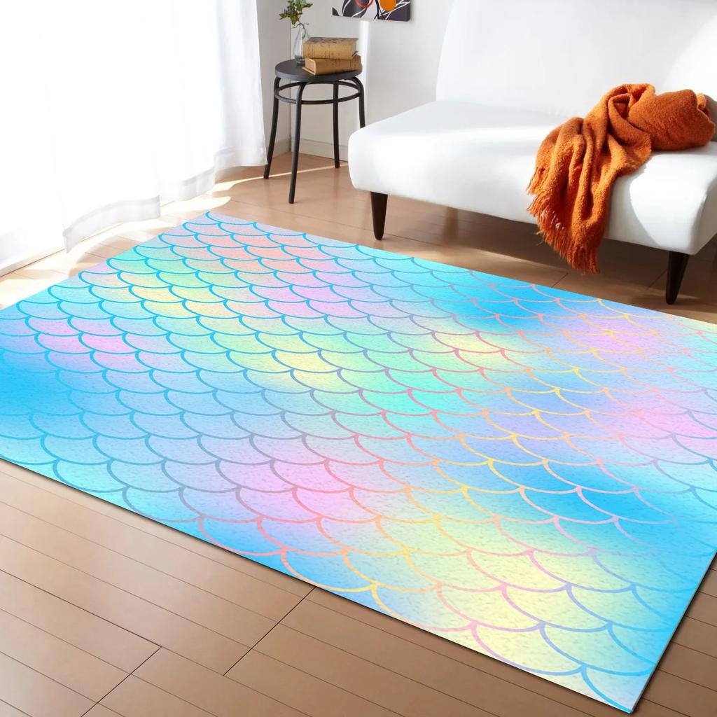 Koberec s potiskem mořských šupin Barevný Zábavný Potisk rybích šupin Koberec do obývacího pokoje Oceánský motiv Vnitřní podlahová rohožka Třpytivá Dekorativní rohožka