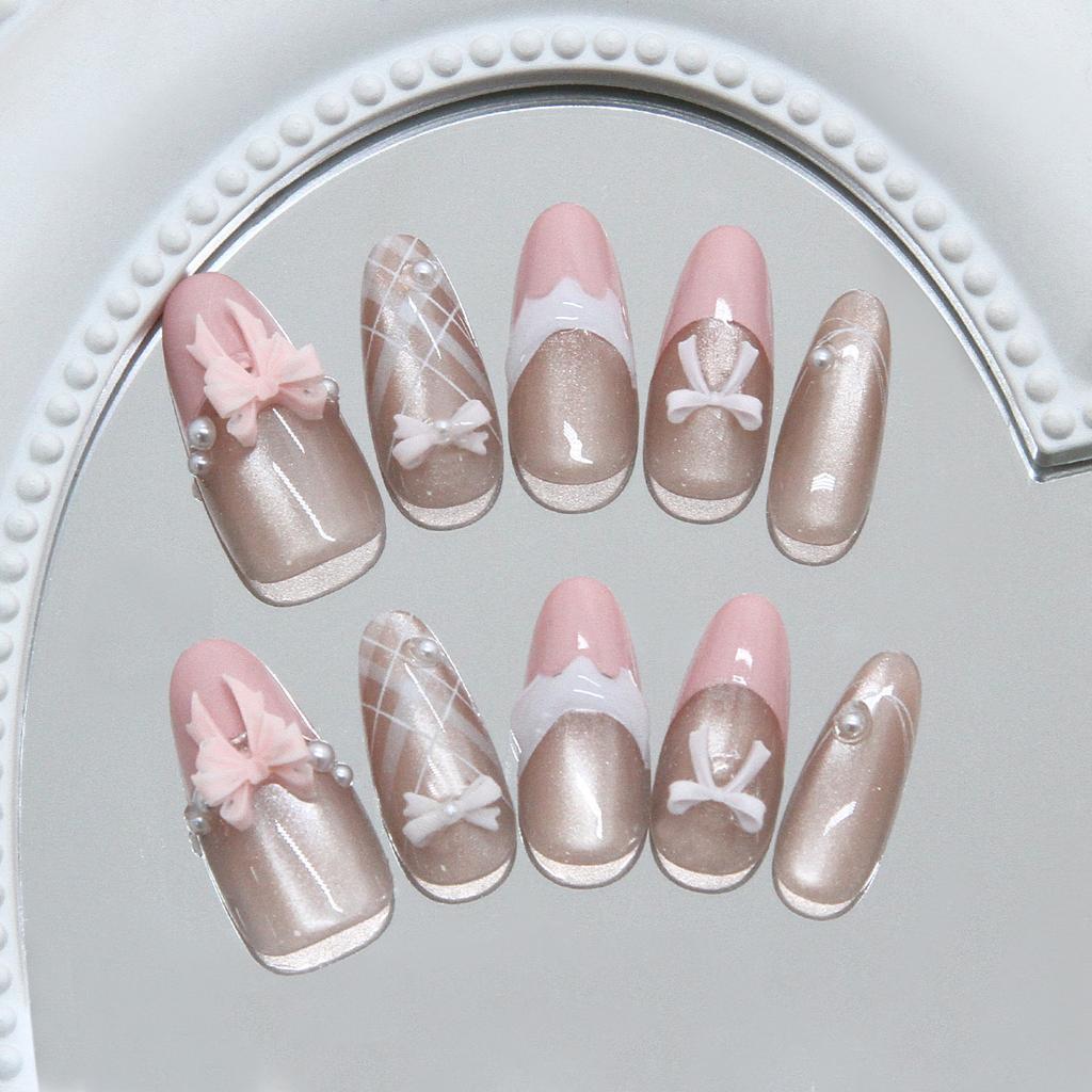 Creme kariert Mädchen Rosa Französische Perle Schleife Katzenauge ins Wind Abnehmbar Tragen Nagel 30 Stück Nagelkunst