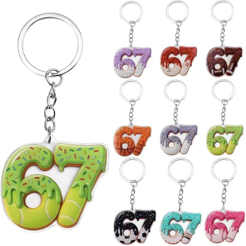 2D Flat Acrylic Keychain Cute Blue Icing Donut 67 Badminton Pattern Non-Fading Key Decor for Backpack Pendant