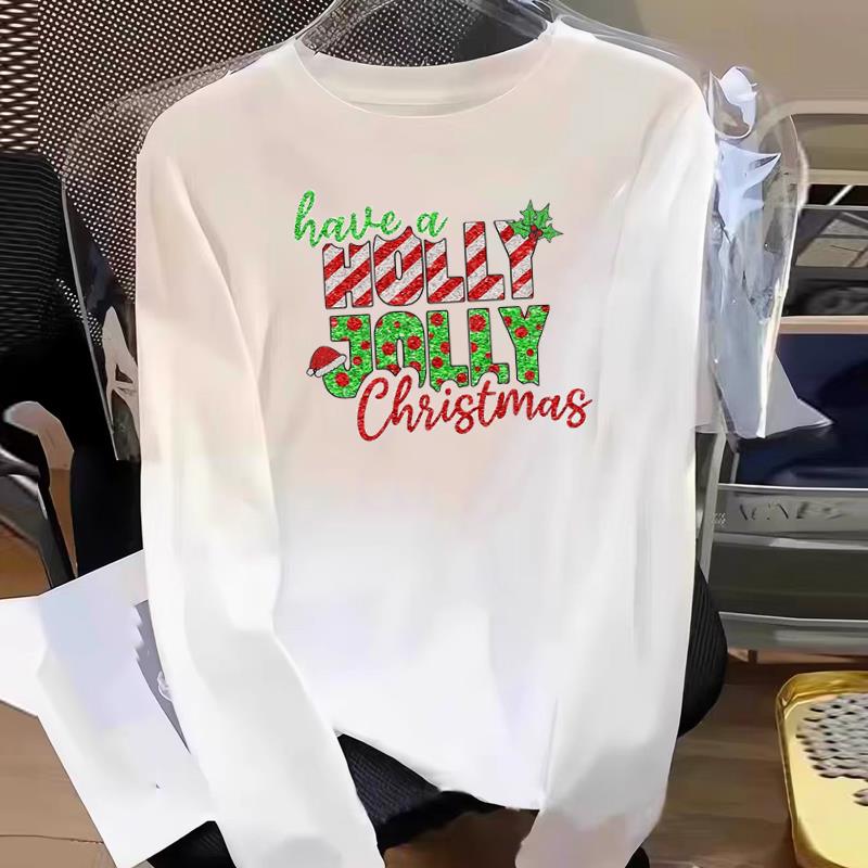 (Asian Size) Graphic Tee Women Merry Christmas Letter 90s New Year Print Casual Fashion Top O-neck Clothing T Shirt Long Sleeve T-shirts