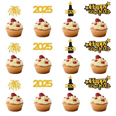 12pcs Happy New Year 2025 Cupcake Topper Glitter Gold Firework Cake Decor New Year Eve Party Decoration Supplies Christmas Gift