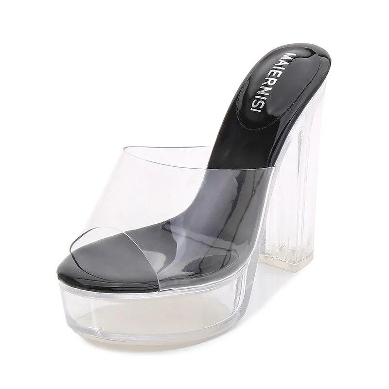 Frauen Dicke High Heels Flacher Mund Kristall Transparent Sexy Bühne Laufsteg 13 cm Absatz 3,5 cm Plattform WZ