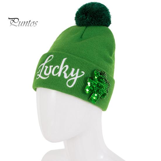St Patrick Day Accessories St. Patrick's Shamrock Hat Irish Cuffed Pom Knit Green Celtic Knot Sequins Clover Skull Cap for Women Men Party Costume