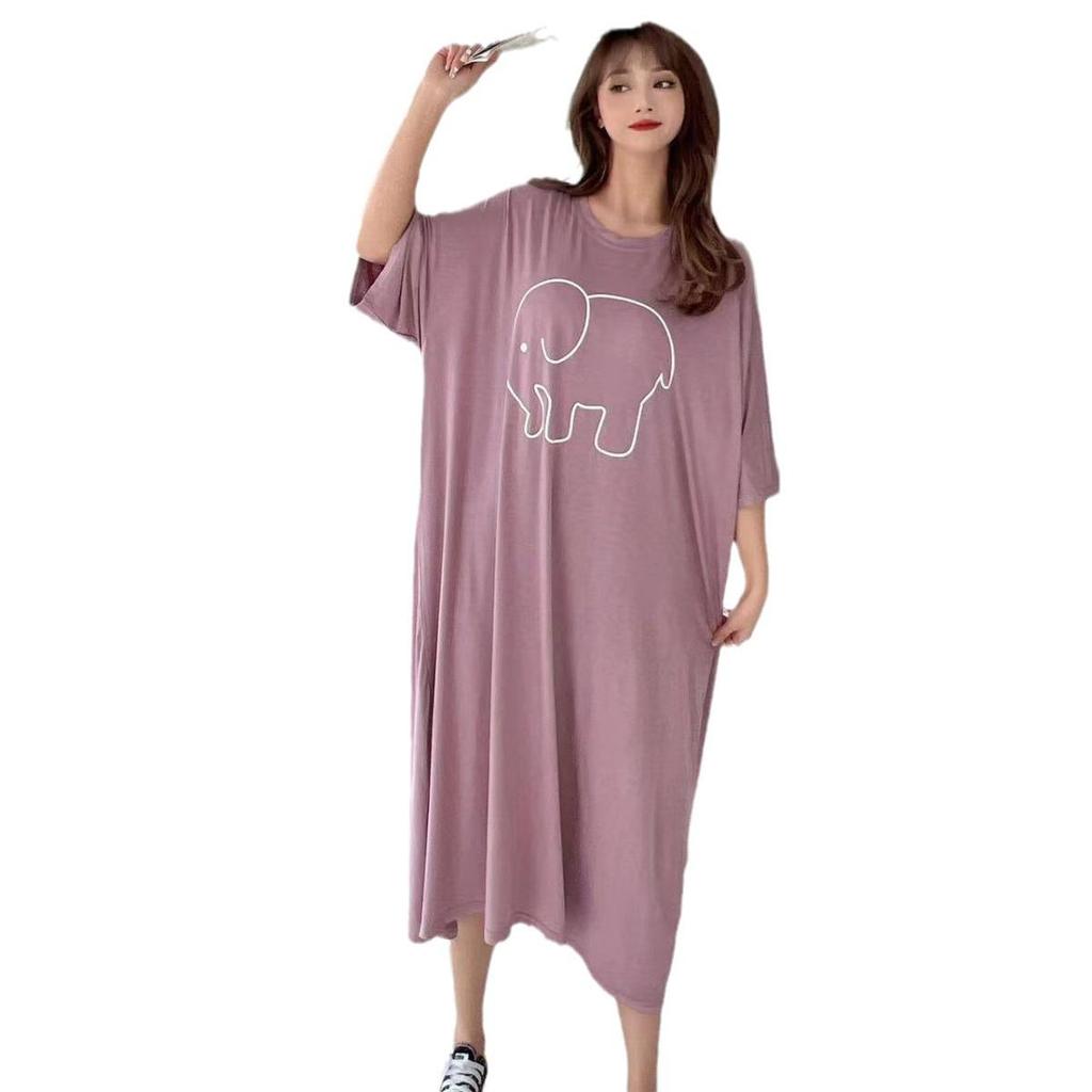 Elephant Print Modal Nightdress - Round Neck, Short Sleeve, Lightweight Summer Loungewear.