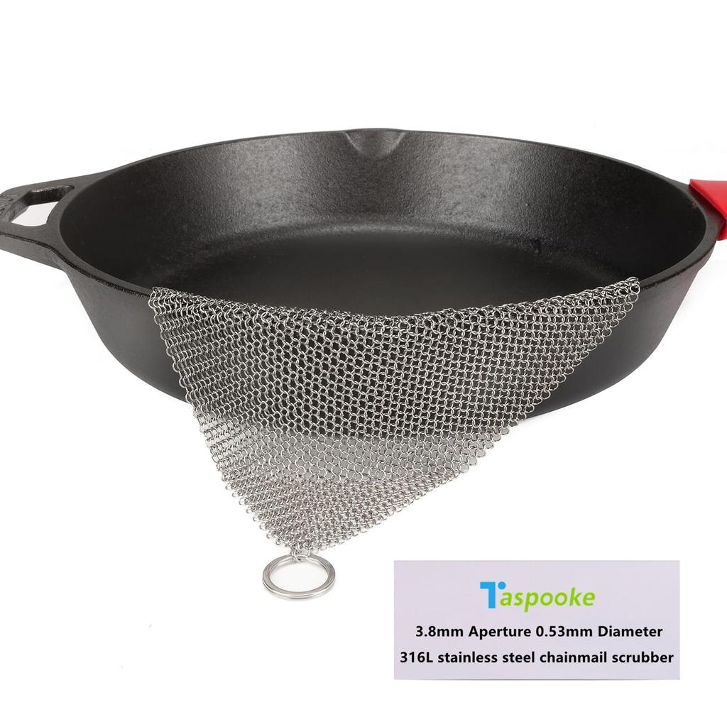 Taspooke Cast Iron Cleaner Brush 25x25cm Improved Fine Ring Metal Scouring 316L Stainless Steel Scouring Pad Scrubber Steel Wool for Frying and