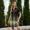 Women Casual Loose Shirt Dress Button Up Stand Collar Short Sleeve Printed Mini Dress Lightweight Tunic Dress