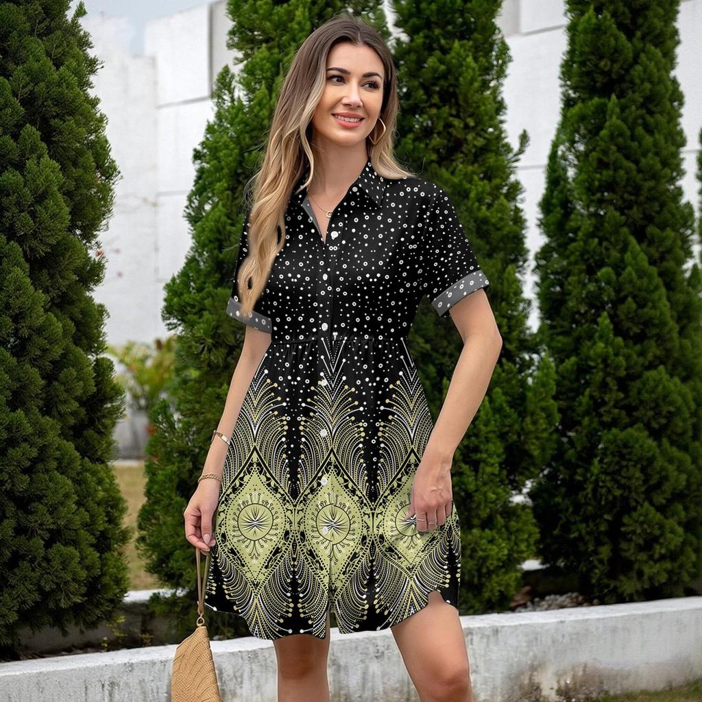 Women Casual Loose Shirt Dress Button Up Stand Collar Short Sleeve Printed Mini Dress Lightweight Tunic Dress