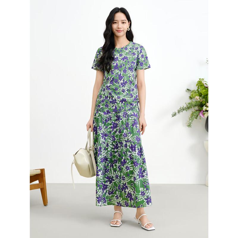 JUZUI Retro French Color-Block Floral Print A-line Midi Skirt