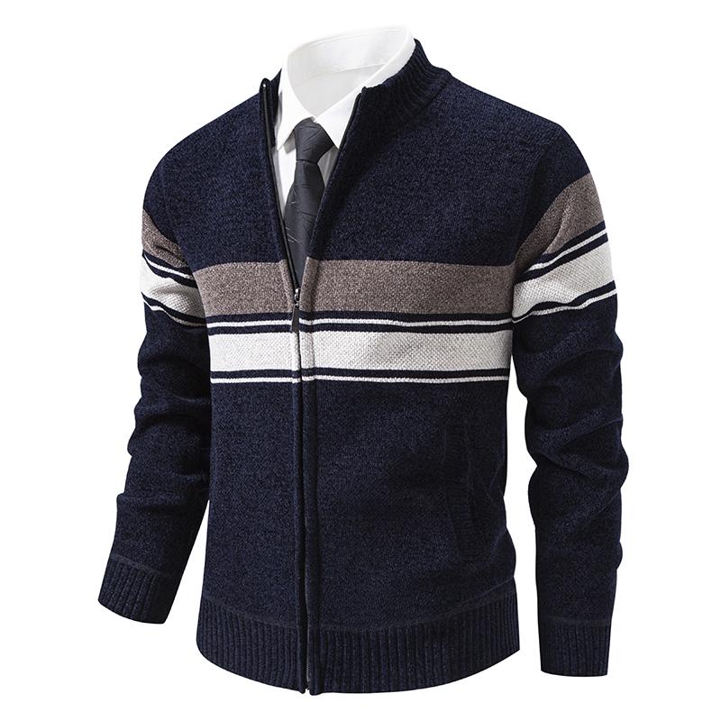 Men's Striped Knitted Cardigan Zip Up Stand Collar Sweater Jacket Casual Fashion Color Block Knit Coat Winter Warm Outerwear for Daily Business Office