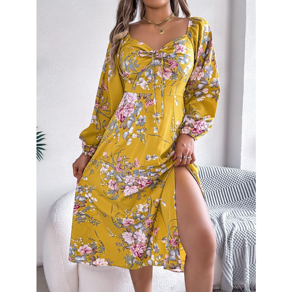 Spring Summer Sexy Tie Knot Floral Long Sleeve Split Dress Women's Dresses Skirt