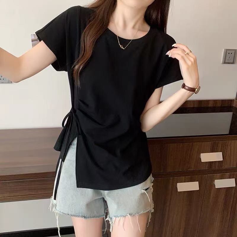 

Women s Solid Color T-shirt Crew Neck Lace Up Pleated Ladies Short Sleeved T-shirts Summer Casual Irregular Famale Top S чёрный