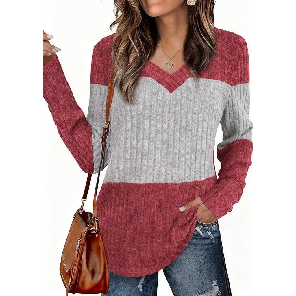 Women's V-neck Long-sleeved Patchwork Fitted Top T-shirt