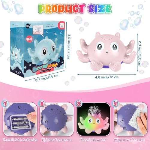 Jiosdo Glowing Octopus Bath Toys with Spray Light, Illuminated Baby Bath Toys, Water Spray Toy for Kids Gift for Boys and Girls (Pink)