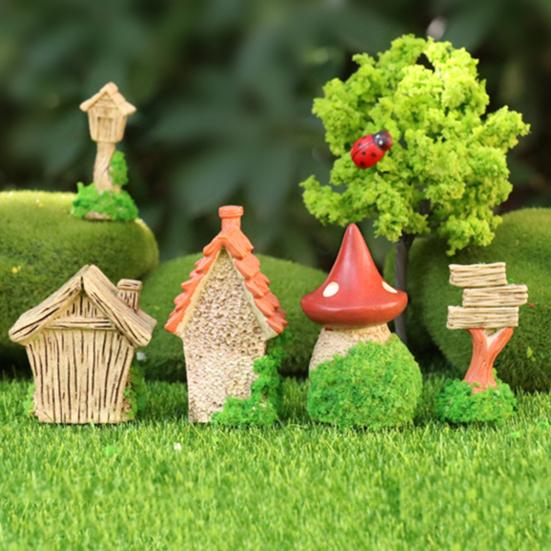 Mini Cartoon House Figurine Miniature Road Sign Chair Stone Letter Box Mushroom Statue House Micro Landscape Fairy Garden Decoration