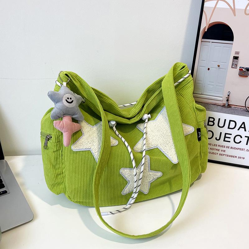 Large Capacity Corduroy Women's Shoulder and Crossbody Tote Bag with Pentagram Design