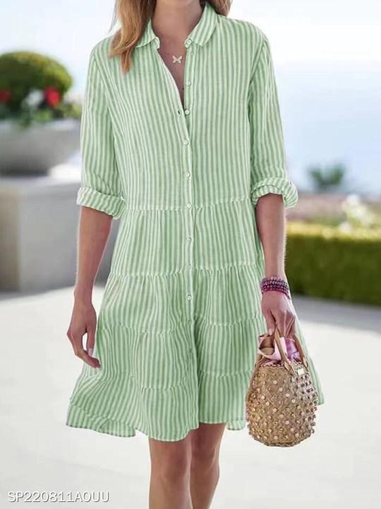 

Women s Spring and Autumn Long Sleeved Striped Shirt Dress, Lightweight and Breathable S зелёный
